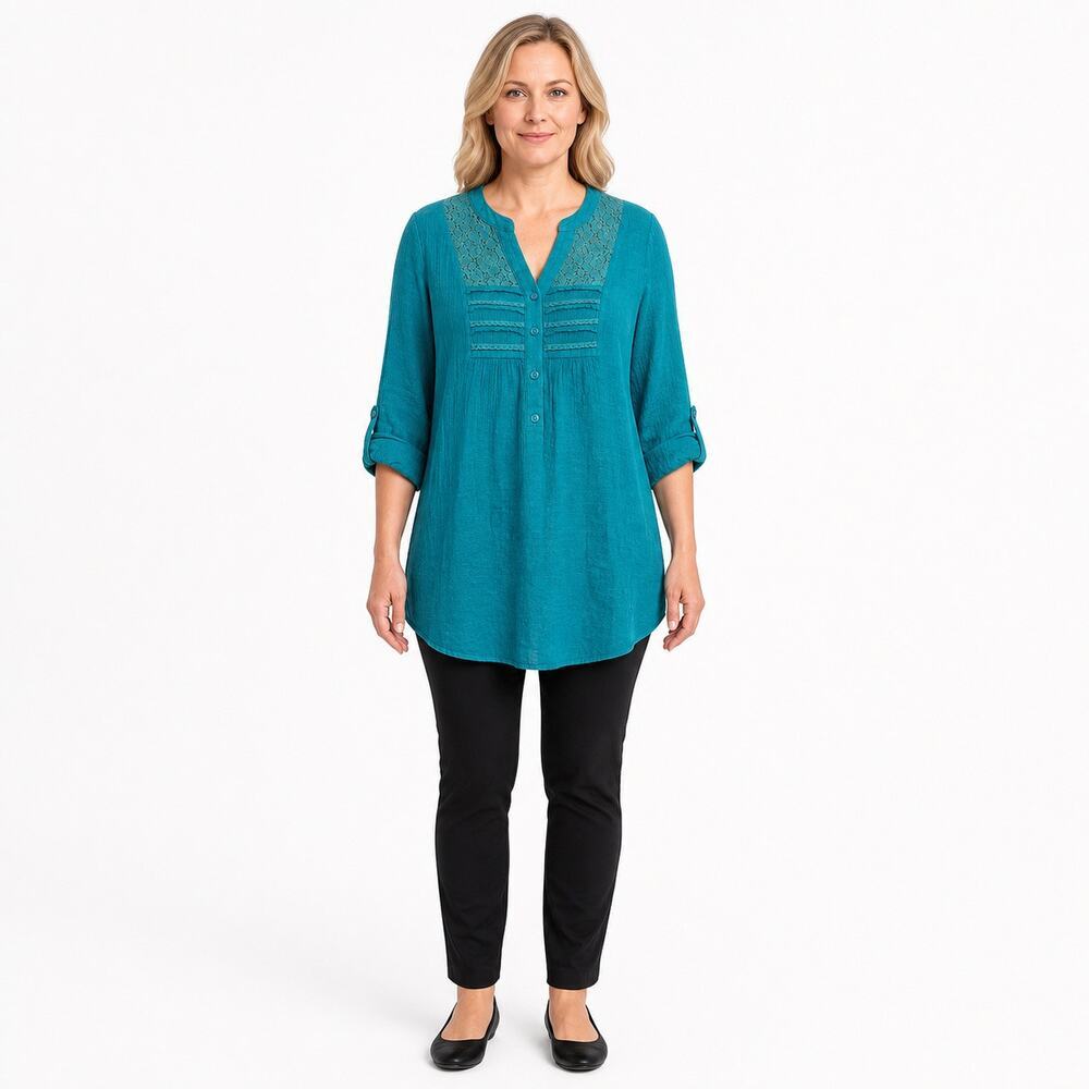 Cato teal size XL roll tab sleeve button front tunic blouse peasant